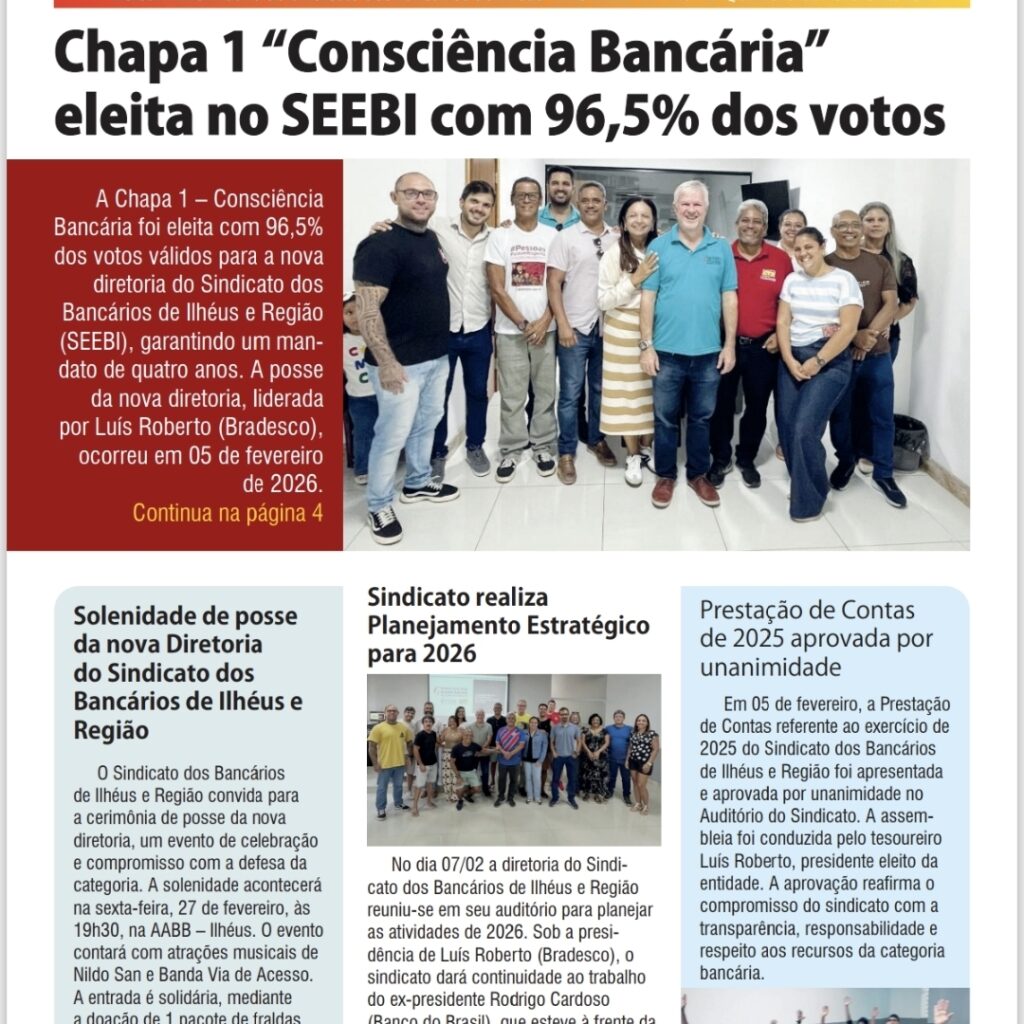 Leia mais sobre o artigo Folha Sindical 419: Chapa 1 “Consciência Bancária” eleita no SEEBI com 96,5% dos votos